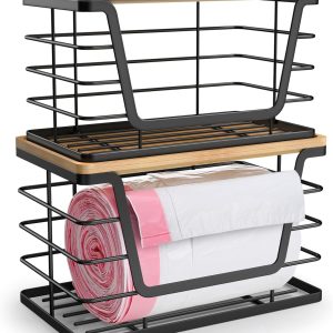2 Pack Storage Stackable Kitchen Laundry Organizers with Bamboo Top, Wall Mount Large Trash Bag Holder and Standard Garbage Bag Dispenser