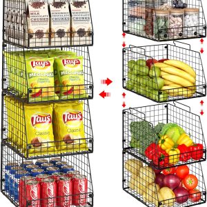 4 Pack XXL Stackable Wire Storage Basket, Extra Large Capacity Pantry Organizer and Storage, Muti-Purpose for Fruit Vegetable Basket & Toy Bin & Snack Organizer