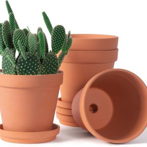 6 inch Terracotta & Clay Pots for Plants with Saucer, Medium Terra Cotta Plant Pots with Drainage Hole, Flowerpot with Tray, Terracotta Pot for Indoor Outdoor Plant - Pack of 4 Planters
