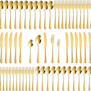 60-Piece Gold Silverware Set, Stainless Steel Flatware Cutlery Set Service for 12, Utensils Tableware Cutlery for Home Restaurant, Mirror Finish, Dishwasher Safe (Gold)